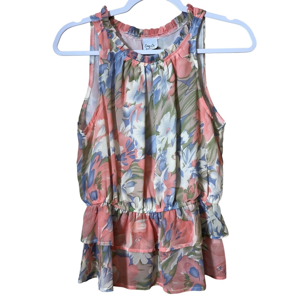 Cozy Co.‎ Floral Watercolor Blouse Ruffle Tiered Hem Pastel Small Cottagecore